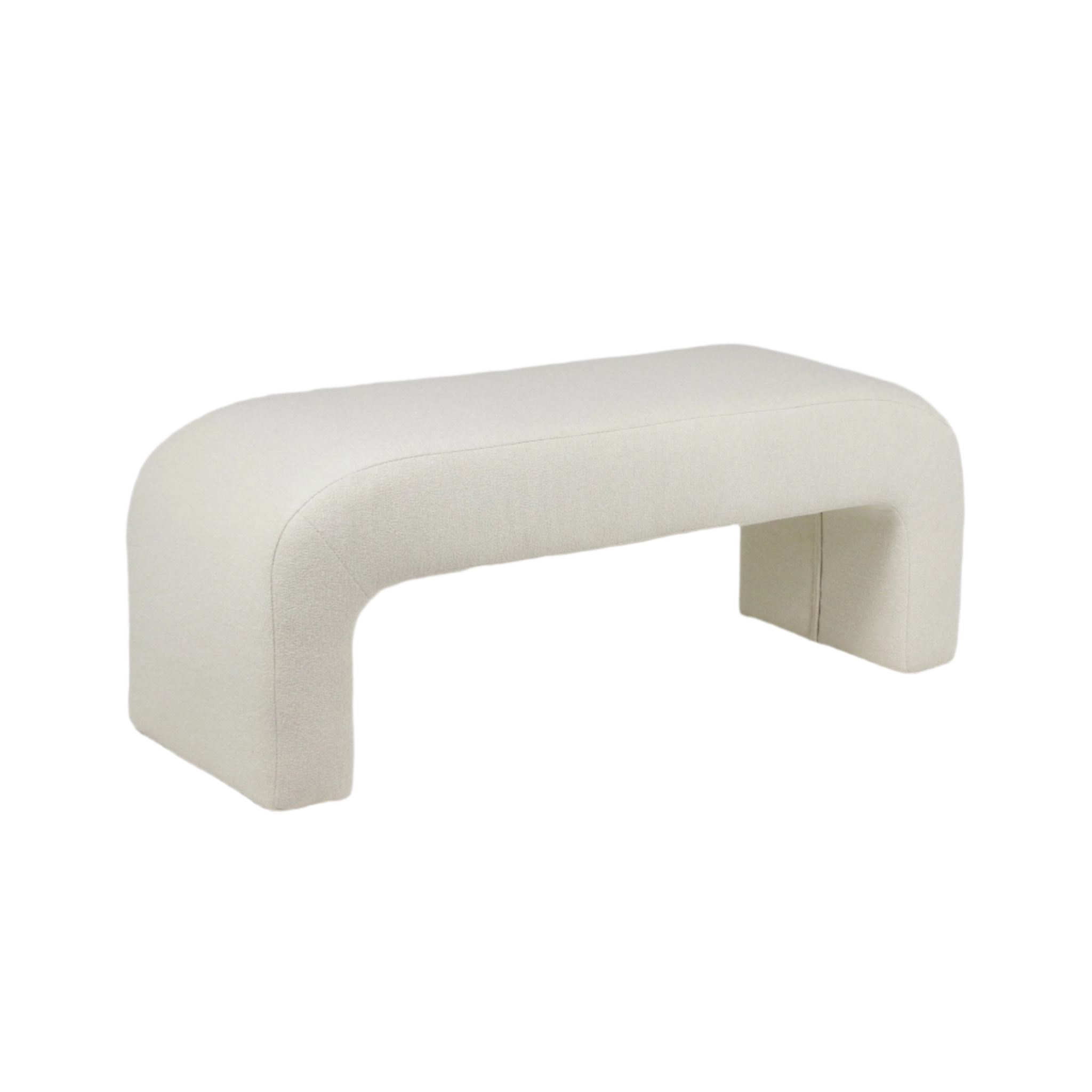 Ivory boucle-upholstered backless end-of-bed bench with a seamless curved top and rounded arch legs, low-profile armless design in a modern coastal style.