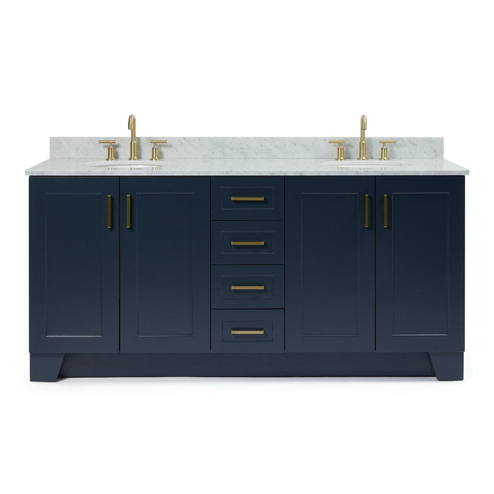 73-inch navy solid wood double-sink bathroom vanity with white stone countertop and backsplash, satin-bronze faucets and hardware, four center drawers and four cabinet doors.