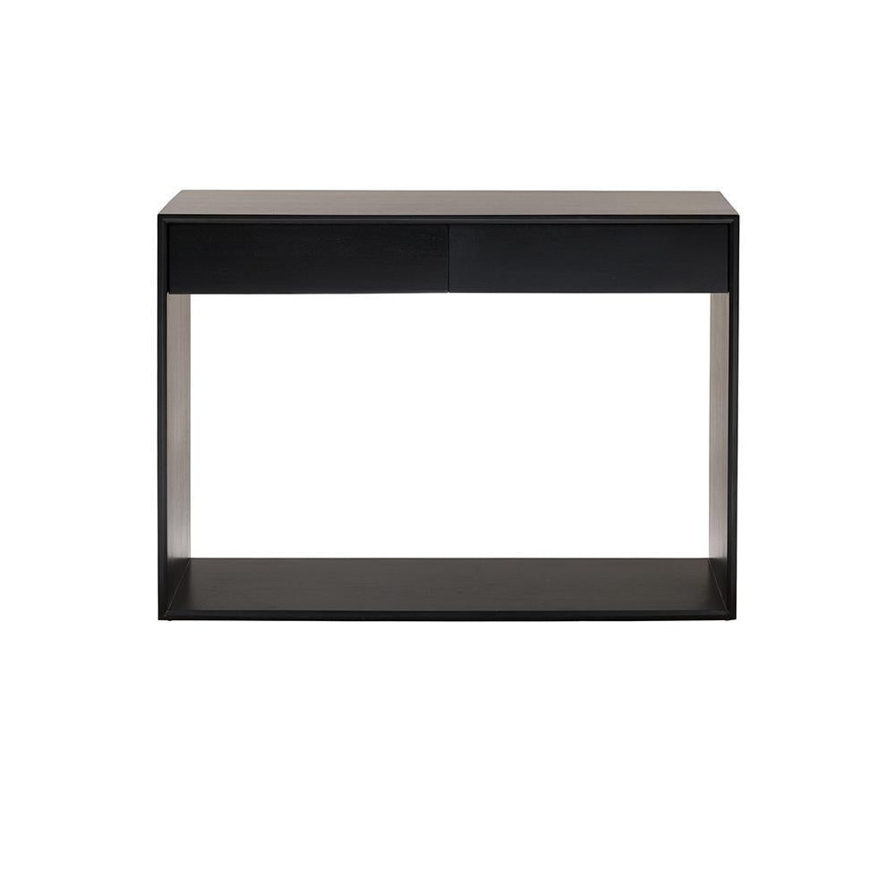 Front view of a modern minimalist console in black mahogany with two slim drawers and an open rectangular base shelf against a white background.