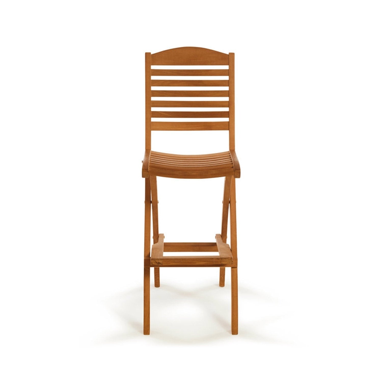 Front view of a natural teak folding armless outdoor bar stool with a horizontal slatted back, curved slatted seat and built-in footrest in a warm natural teak finish.