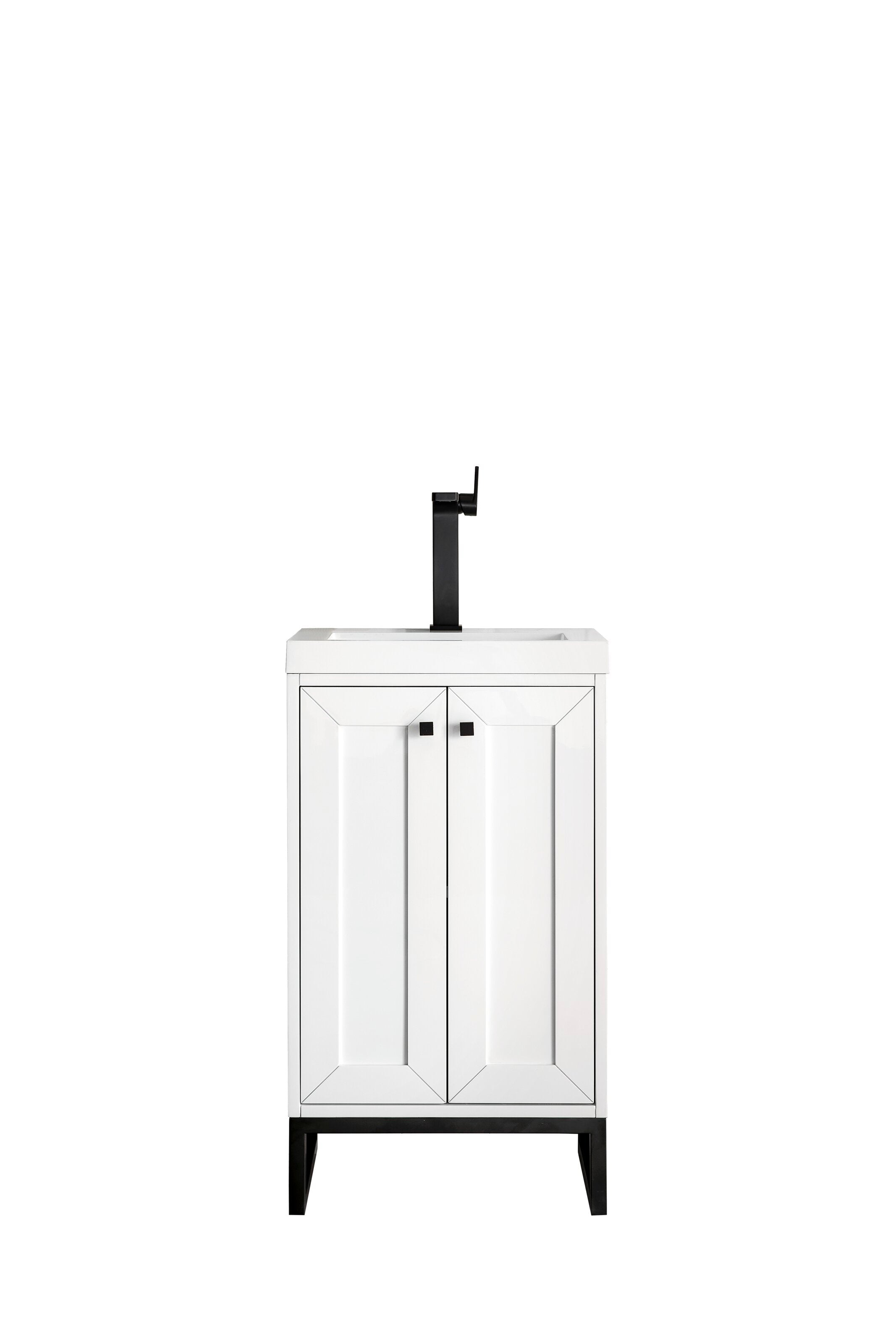 Freestanding modern solid-wood bathroom vanity in white with a stone top and integrated ceramic sink, paired with a tall black single-handle faucet, square black knobs and black metal legs.