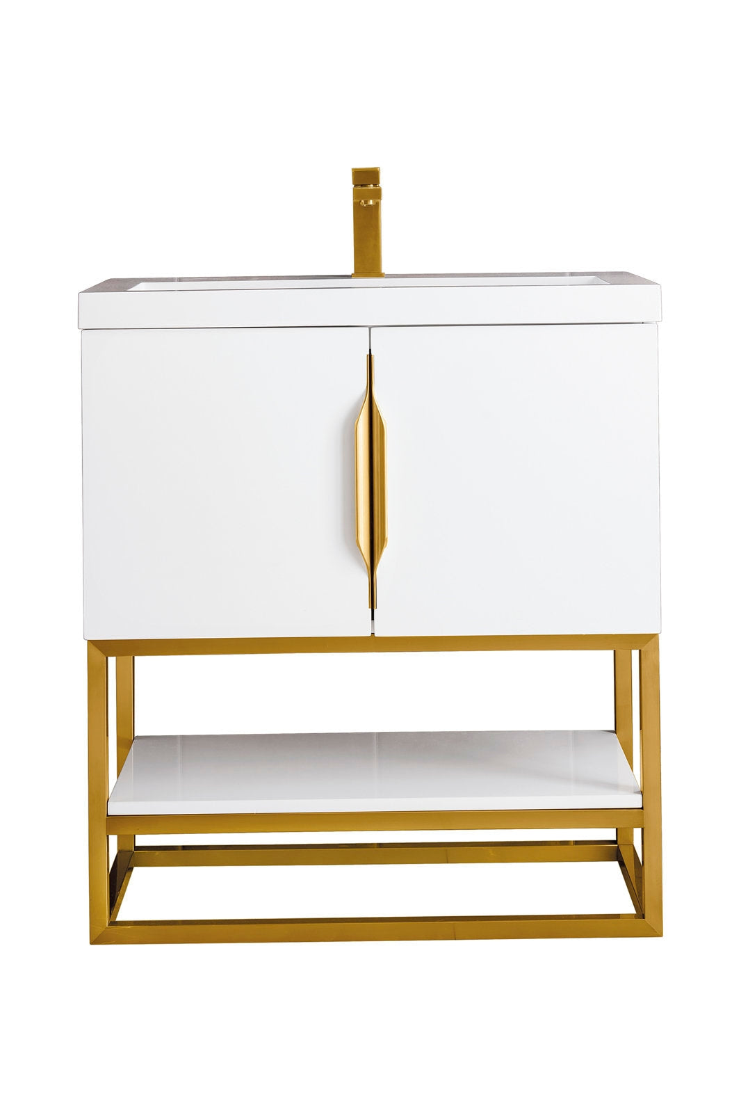 Modern white freestanding single-sink bathroom vanity with a stone top and integrated ceramic basin, solid wood cabinet, gold metal open base, vertical gold center handle and matching gold faucet.