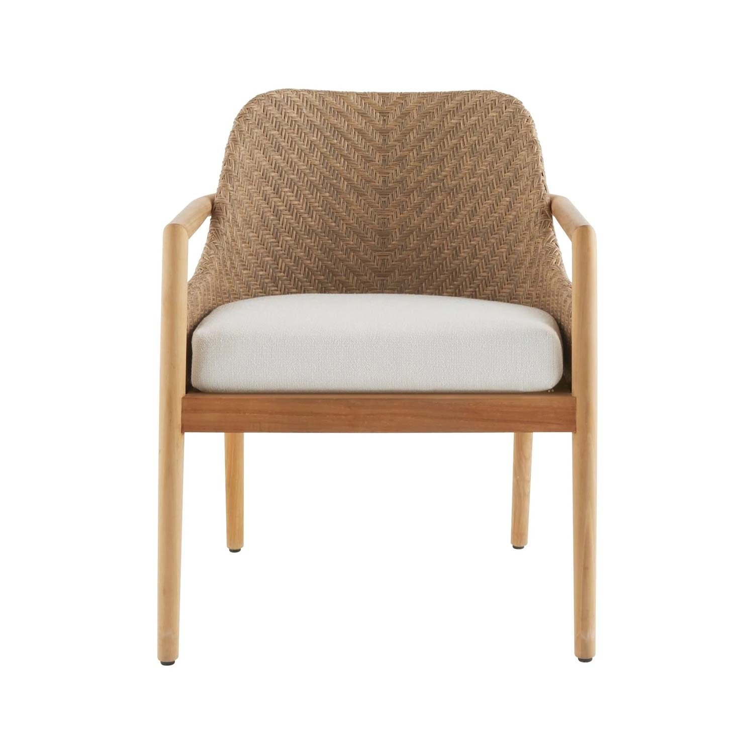 Front view of a coastal-style outdoor dining chair with a natural teak frame, rounded wooden arms, woven wicker chevron back and an off-white upholstered seat cushion.