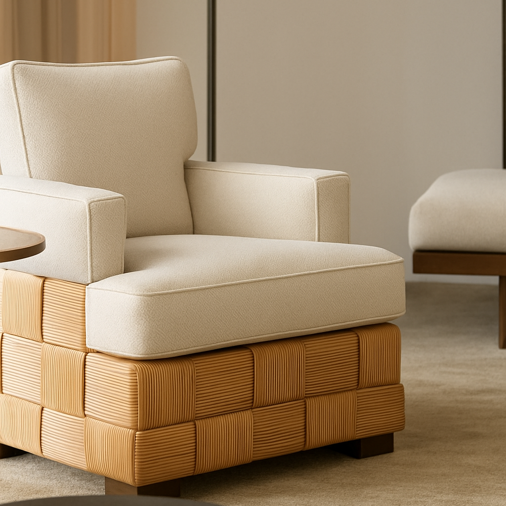 Cream upholstered armchair with squared arms and a thick cushion, set on a ribbed woven natural-wood block base; textured neutral fabric and low wooden legs, shown with a matching ottoman in a minimalist room.