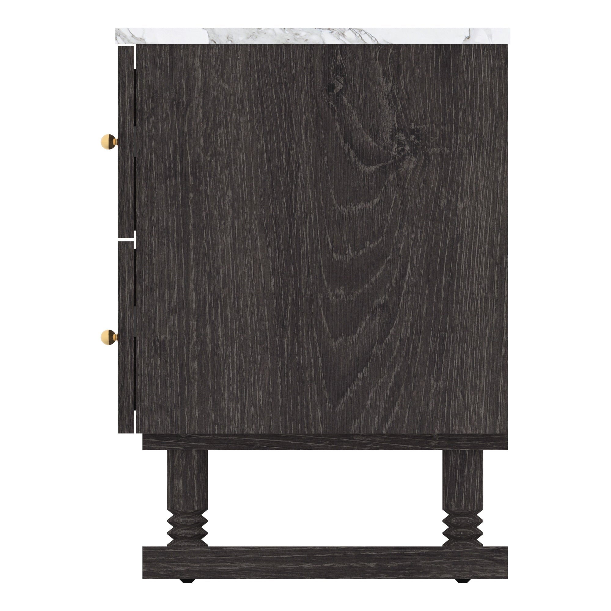 Side view of a black wooden nightstand with a white marble top showing gray veining, two drawers with round gold knobs, and turned legs joined by a stretcher base in a glam contemporary style.