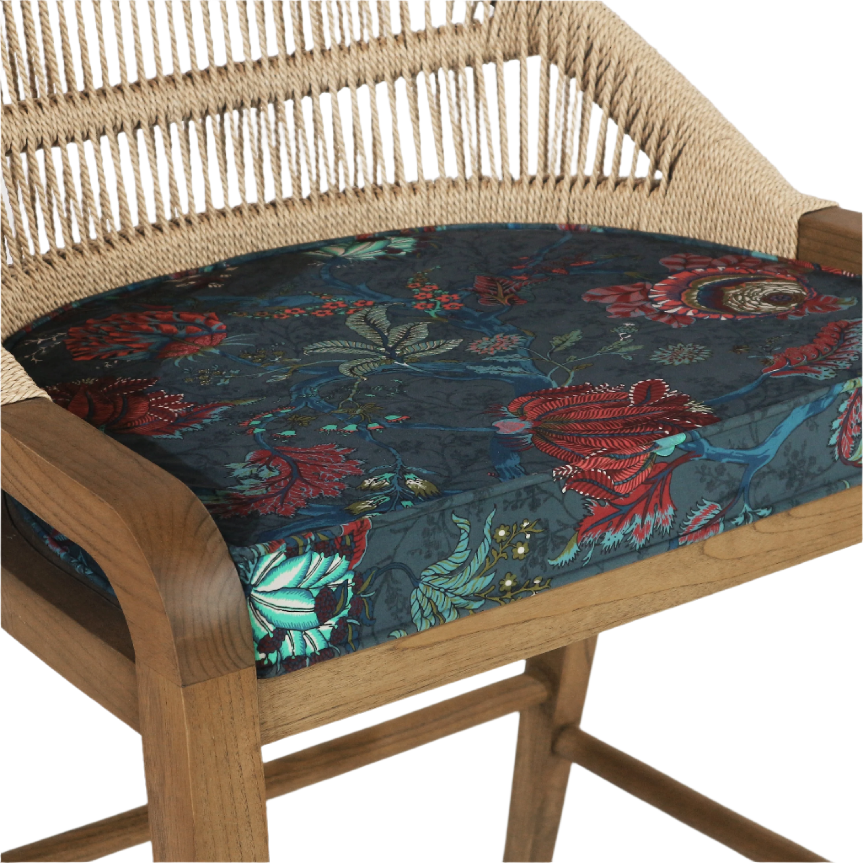 Custom Fara Teak Rope-Backed & Upholstered FA04 Bar Stool