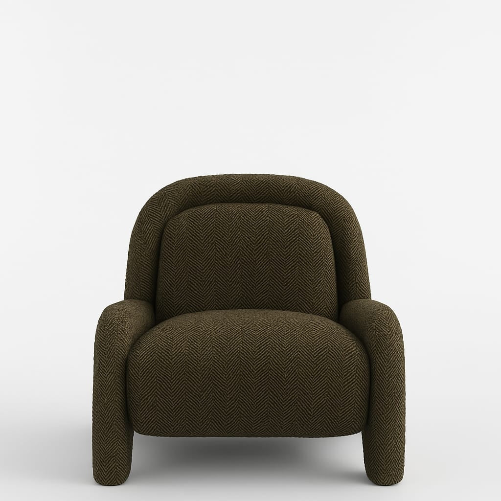 Front view of an olive-green chevron wool upholstered accent chair with a rounded full back, plush seat and curved arm supports in a modern contemporary style.