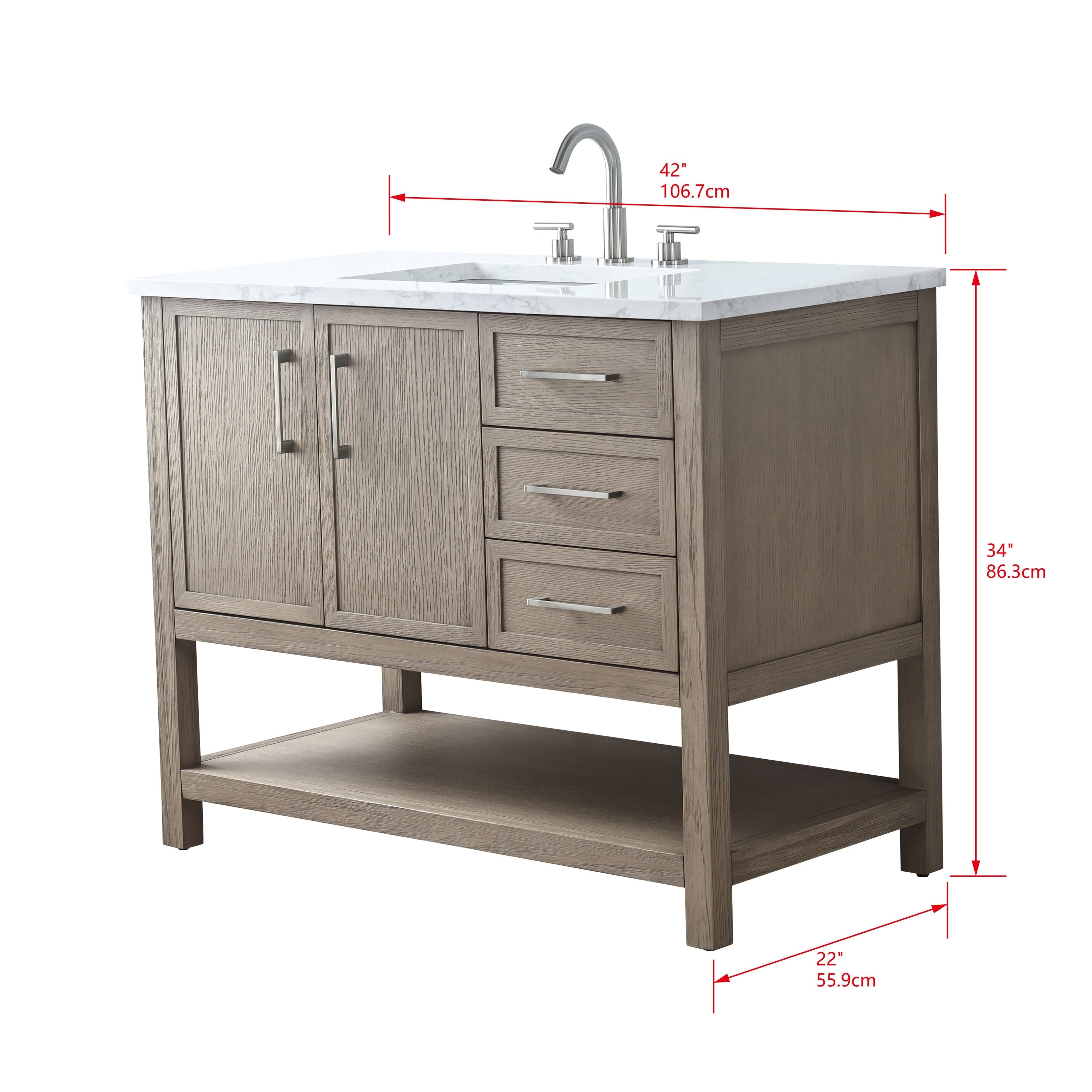 Freestanding 42-inch modern single-sink bathroom vanity in stone-finish solid wood with white marble top, integrated rectangular sink, brushed nickel faucet and pulls, three drawers, two-door cabinet and open lower shelf; red measurement arrows visib
