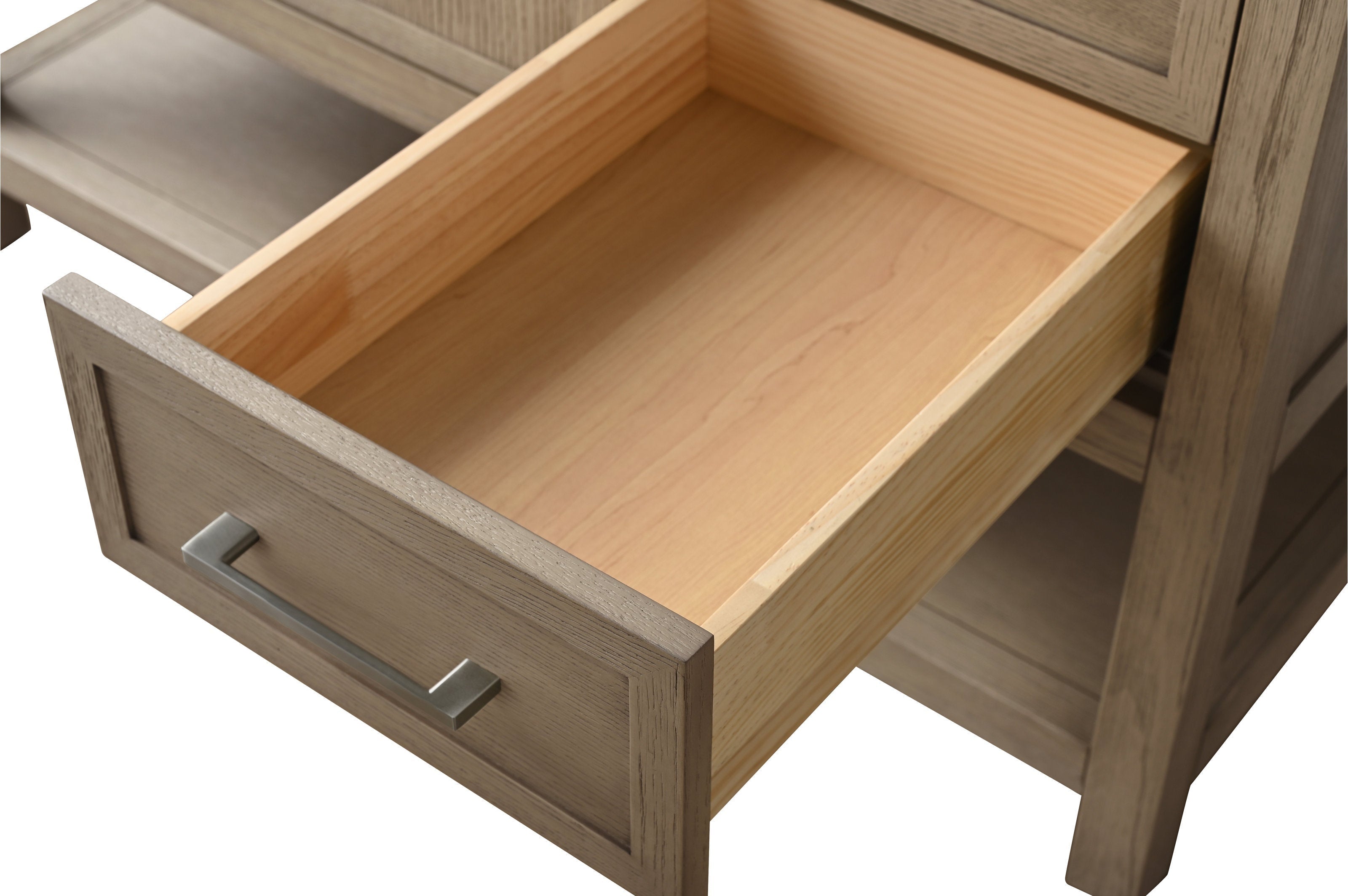Open drawer of a modern solid-wood bathroom vanity showing a light natural wood interior, taupe-brown recessed front panel and a brushed metal rectangular handle.