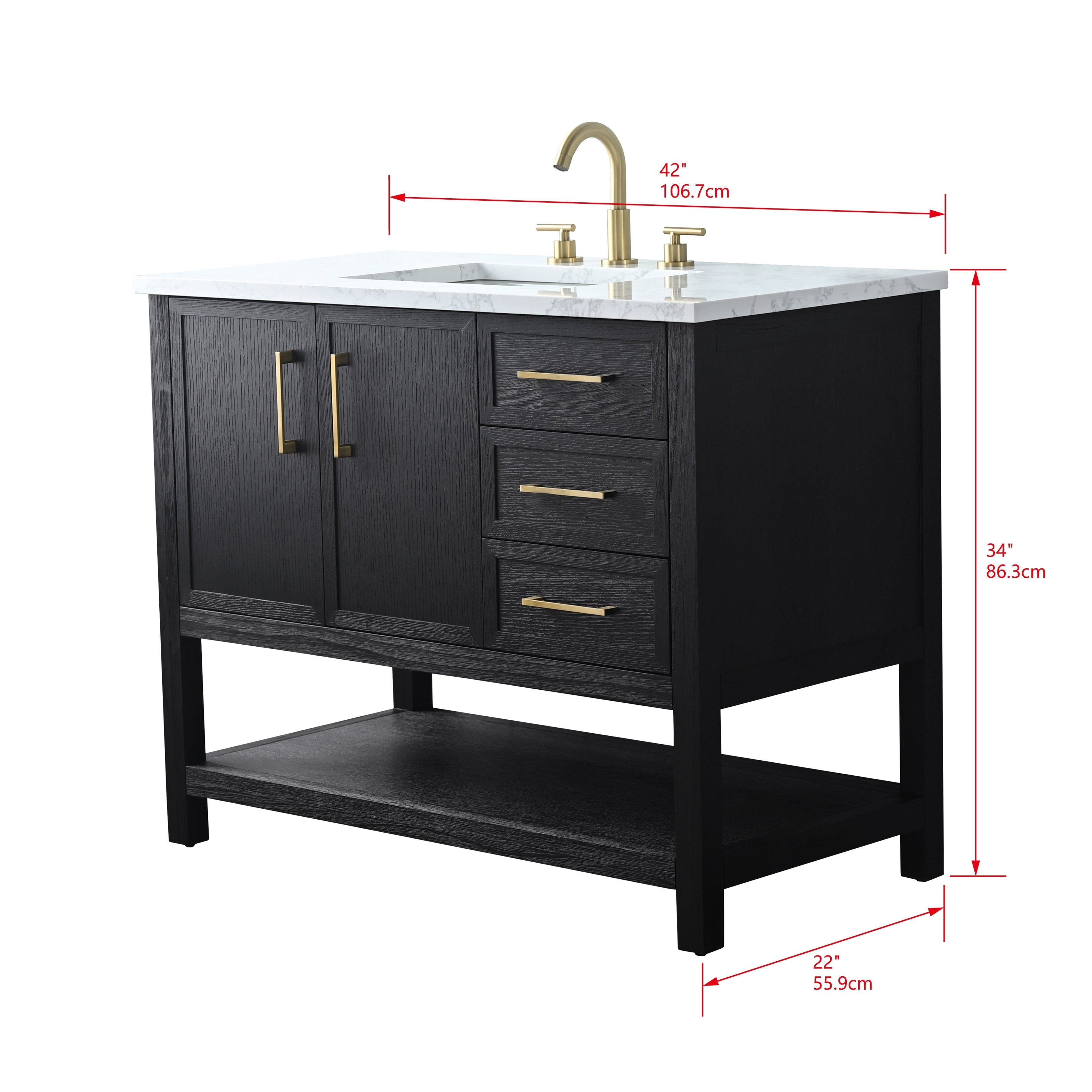 42-inch black solid wood bathroom vanity with white stone marble top, undermount ceramic sink, three drawers and double-door cabinet, open lower shelf and satin brass handles and faucet in a modern contemporary style.