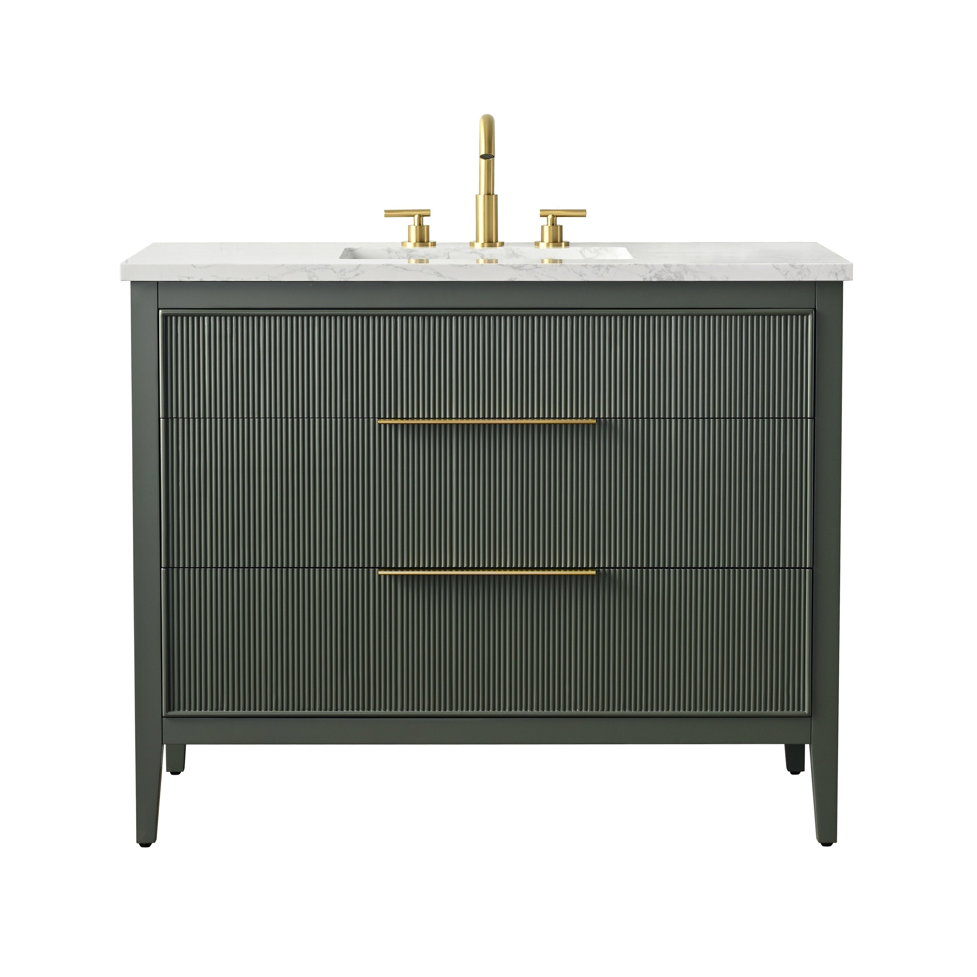 Modern 42-inch single-sink freestanding bathroom vanity in stone-colored solid wood with ribbed drawer fronts, white stone countertop and undermount ceramic sink, paired with brushed brass faucet and slim brass drawer pulls.