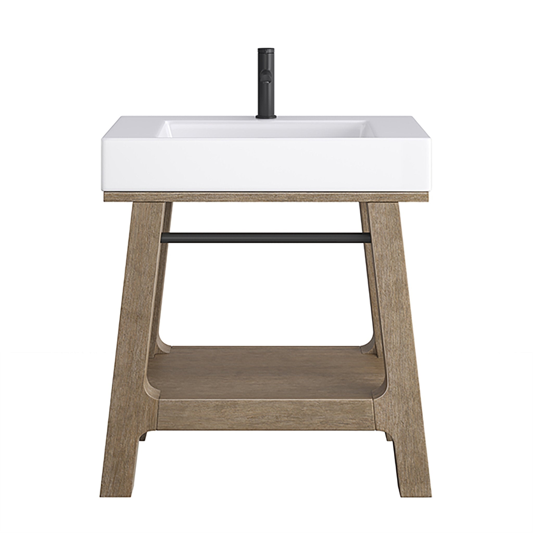Front view of a modern single-sink bathroom vanity with a white glossy composite stone rectangular integrated sink and single-hole black faucet, set on a weathered wood open-frame base with lower shelf and black towel bar.