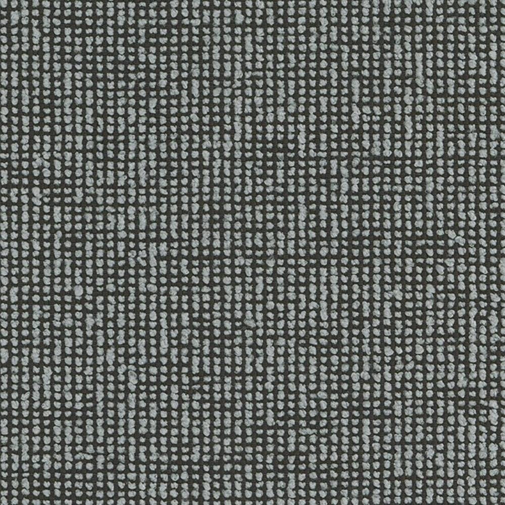 Close-up of 100% polyester upholstery fabric showing a dense grid of small beige-gray looped dots on a dark charcoal ground, a textured heavy-duty weave suitable for sofas and indoor furniture.