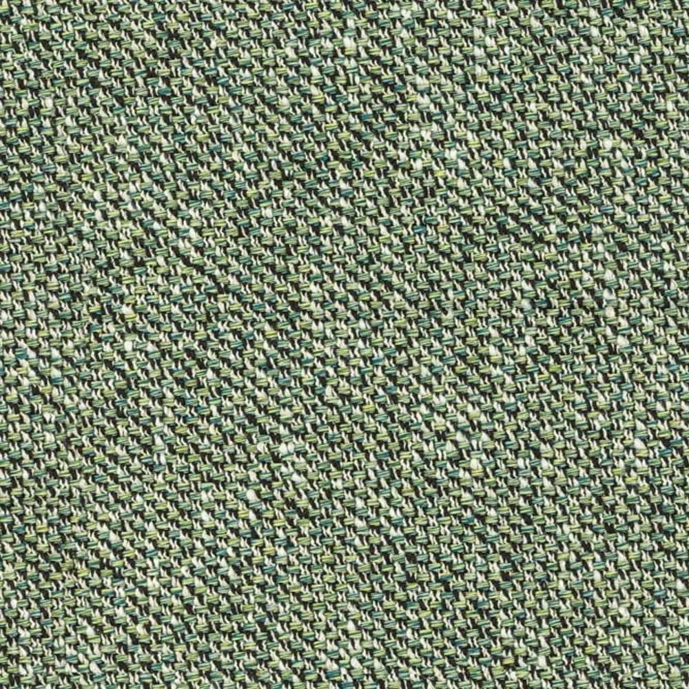 Close-up of woven upholstery fabric in muted sage and beige with dark teal and charcoal threads; textured 25% cotton, 75% polyester suitable for indoor sofa upholstery.