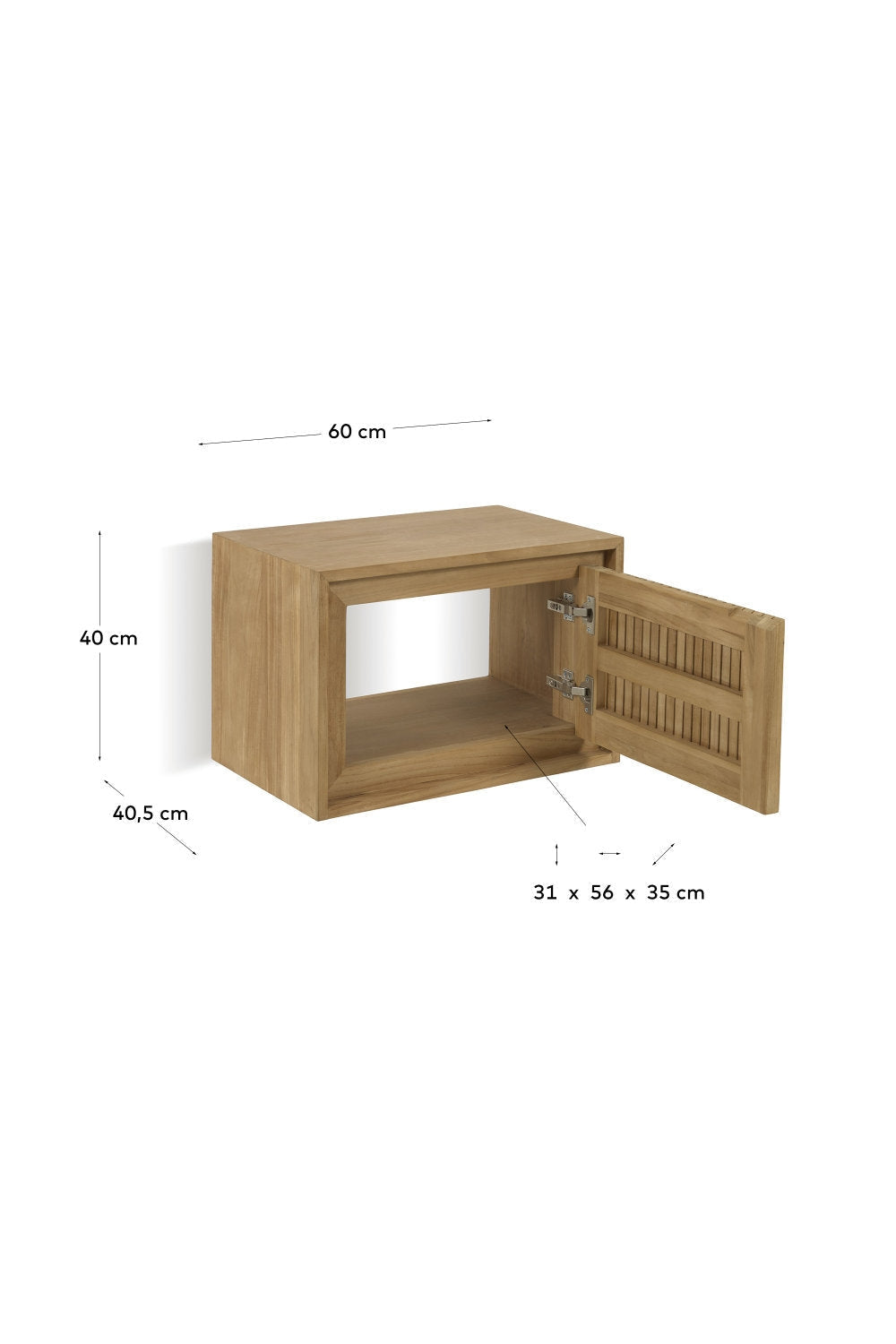 Solid natural wood 24-inch (60 cm) bathroom vanity in a stone-toned finish with a single slatted door open to reveal an interior shelf and visible metal hinges, with dimension markers overlaid.