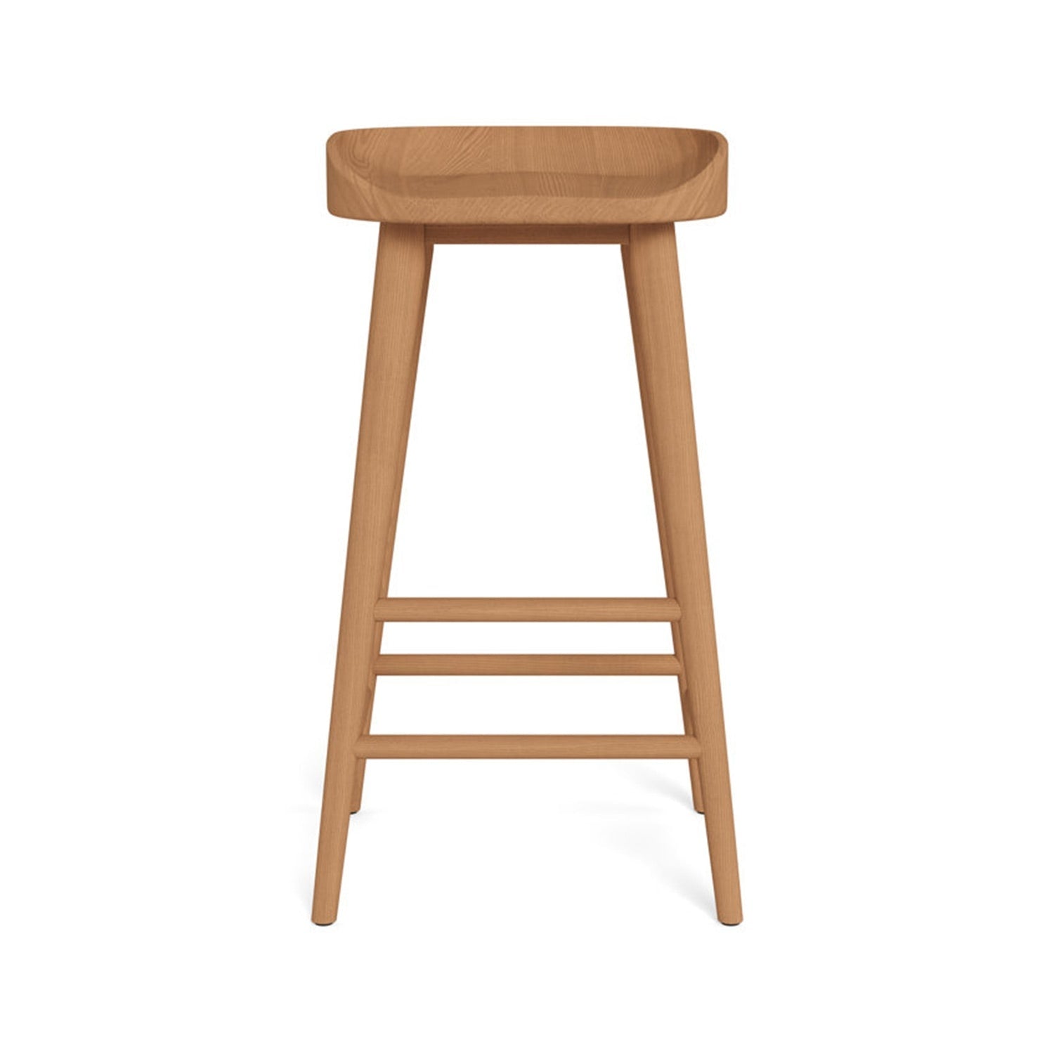 Front view of a backless solid teak outdoor bar stool with a gently contoured natural teak seat, tapered legs and three horizontal stretchers, finished for coastal patio or outdoor bar seating.