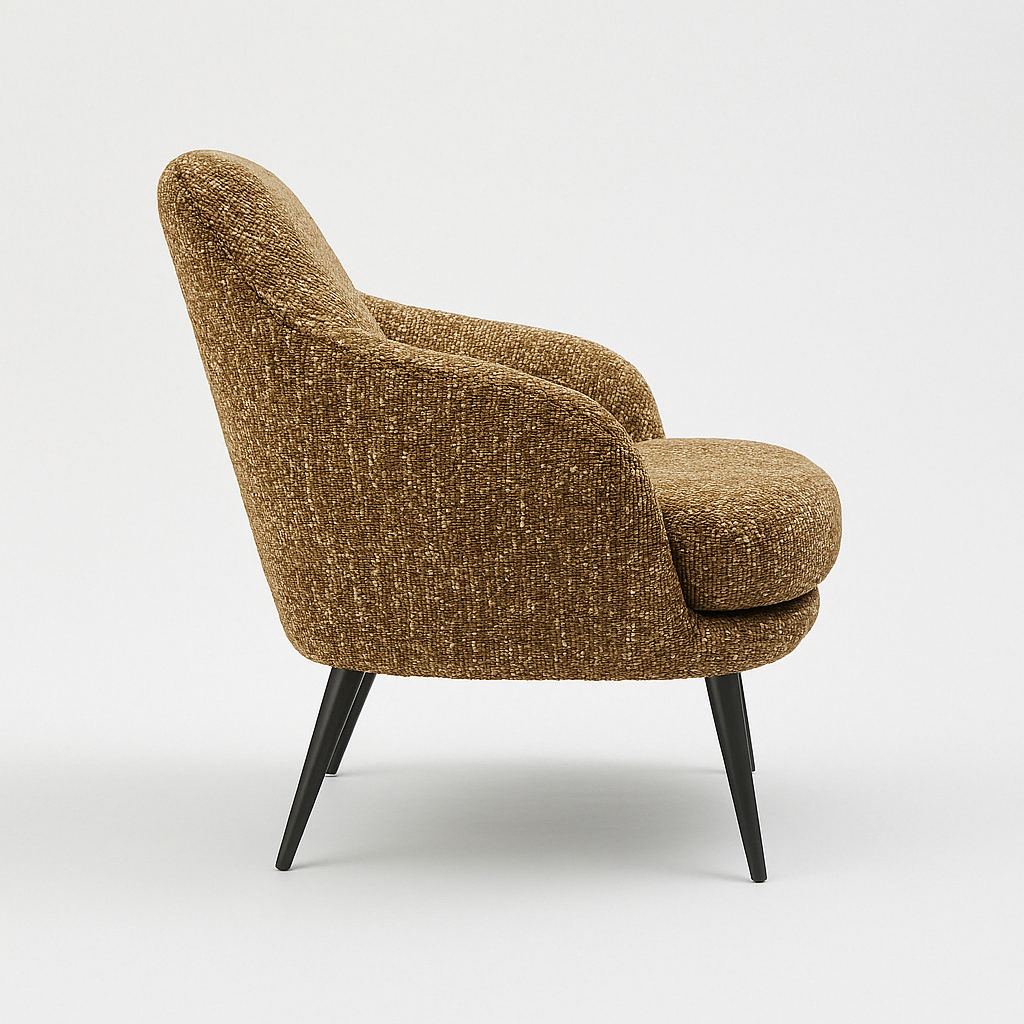 Side view of a modern brown textured fabric accent chair with a rounded back and arms, cushioned seat, and tapered dark wood legs on a neutral background.