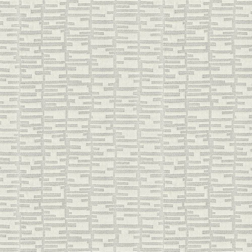 Close-up of contemporary 100% polyester upholstery fabric in light gray on a neutral off-white background, showing a subtle stacked-bar geometric pattern and textured weave ideal for sofas and curtains.