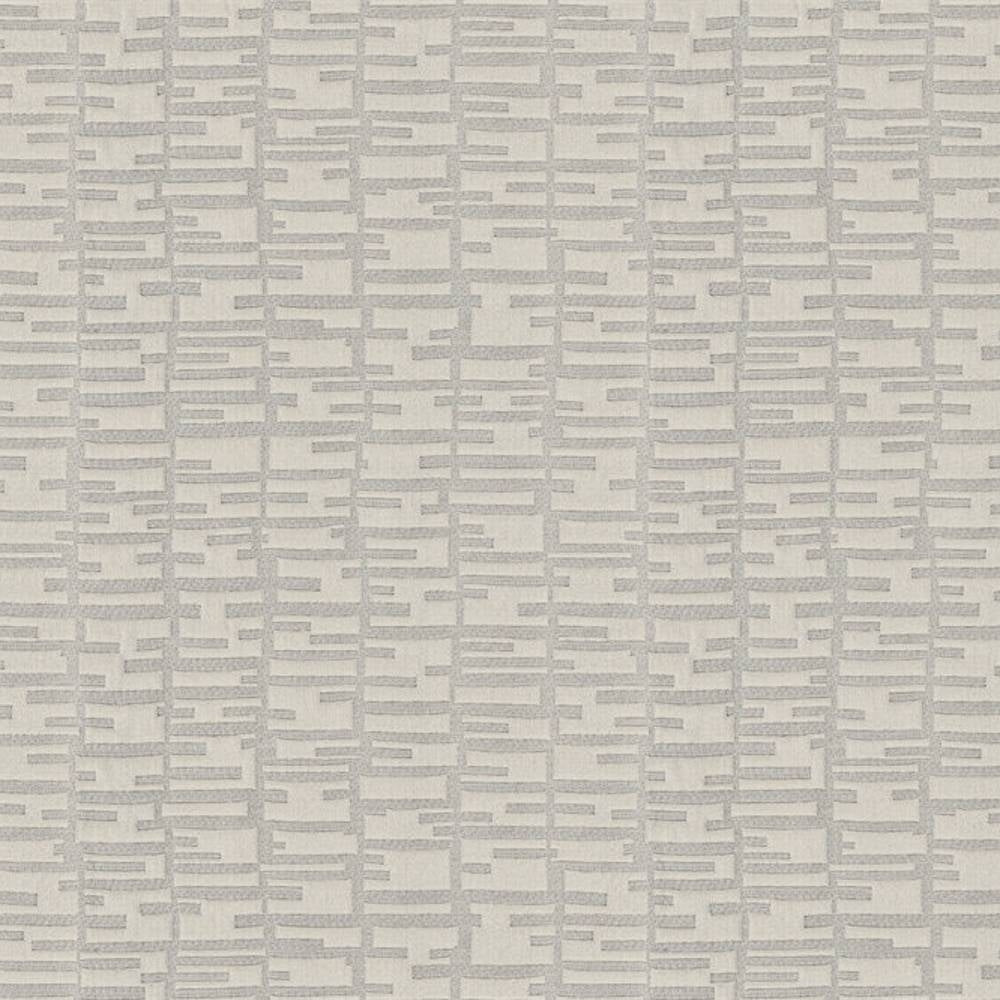 Close-up of 100% polyester upholstery fabric in light gray showing an irregular horizontal-bar grid texture and subtle weave; contemporary neutral pattern for sofas and curtains, pattern repeat about 7.5 x 7.75 inches.