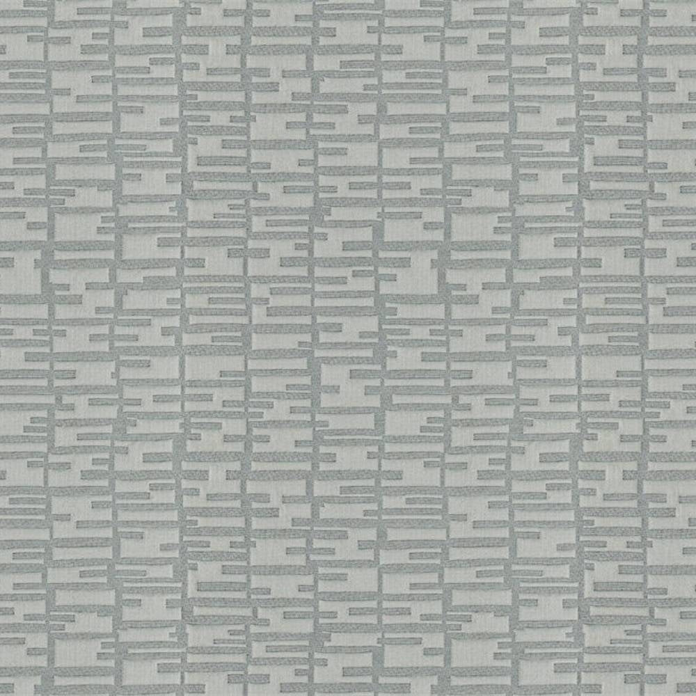 Close-up of light gray 100% polyester upholstery fabric featuring a contemporary geometric pattern of stacked rectangular dashes in a subtle textured weave, ideal for sofas and curtains.