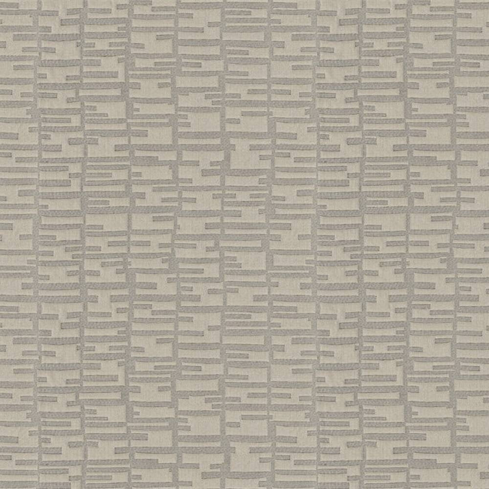 Close-up of 100% polyester contemporary upholstery fabric in neutral gray, featuring a textured linear grid of short rectangular stripes on a light gray-beige ground, suitable for sofas and curtains.