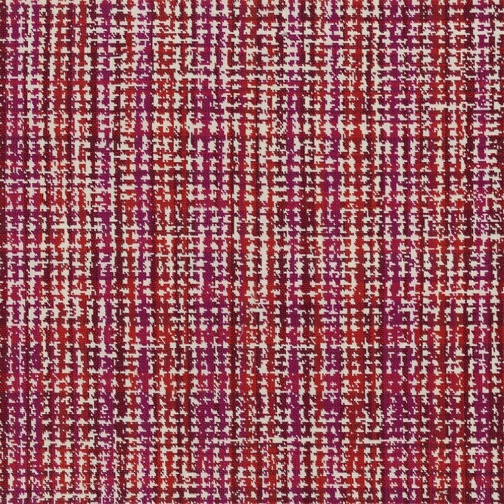 Close-up of 100% polyester upholstery fabric with red and magenta woven threads and a white flecked grid-like texture, shown as a contemporary sofa fabric sample.
