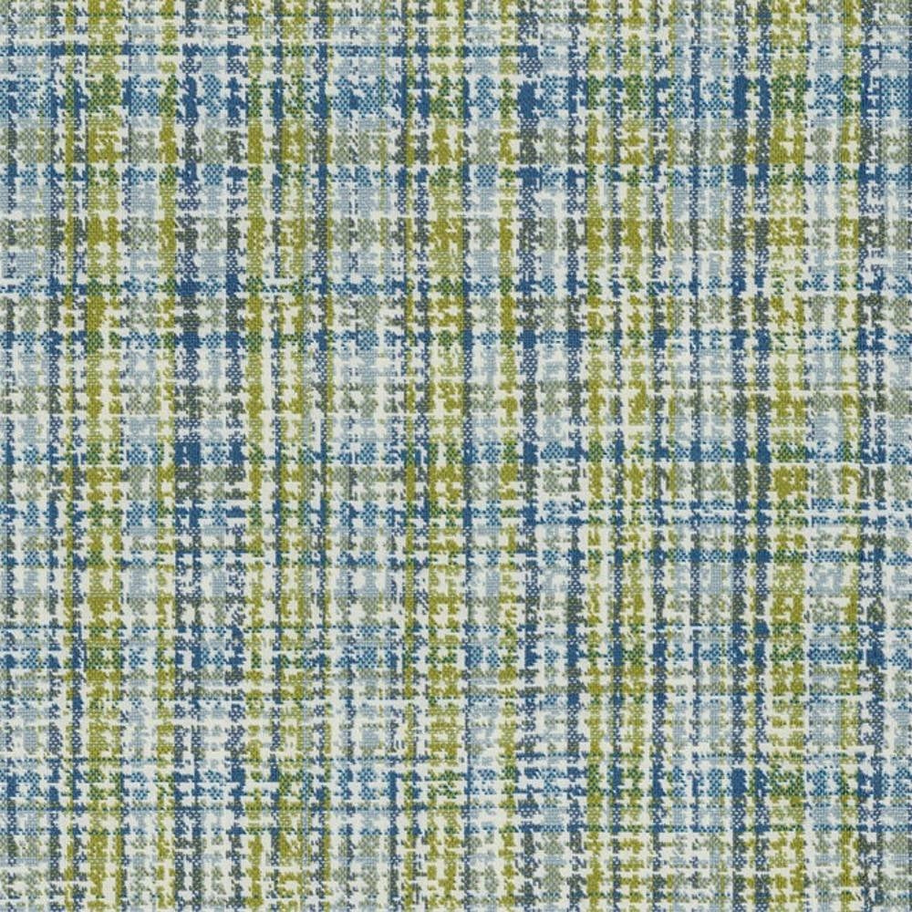 Close-up of 100% polyester upholstery fabric showing a textured plaid weave in blue, green, gray and white tones, a contemporary, modern pattern suited for sofas and indoor seating.