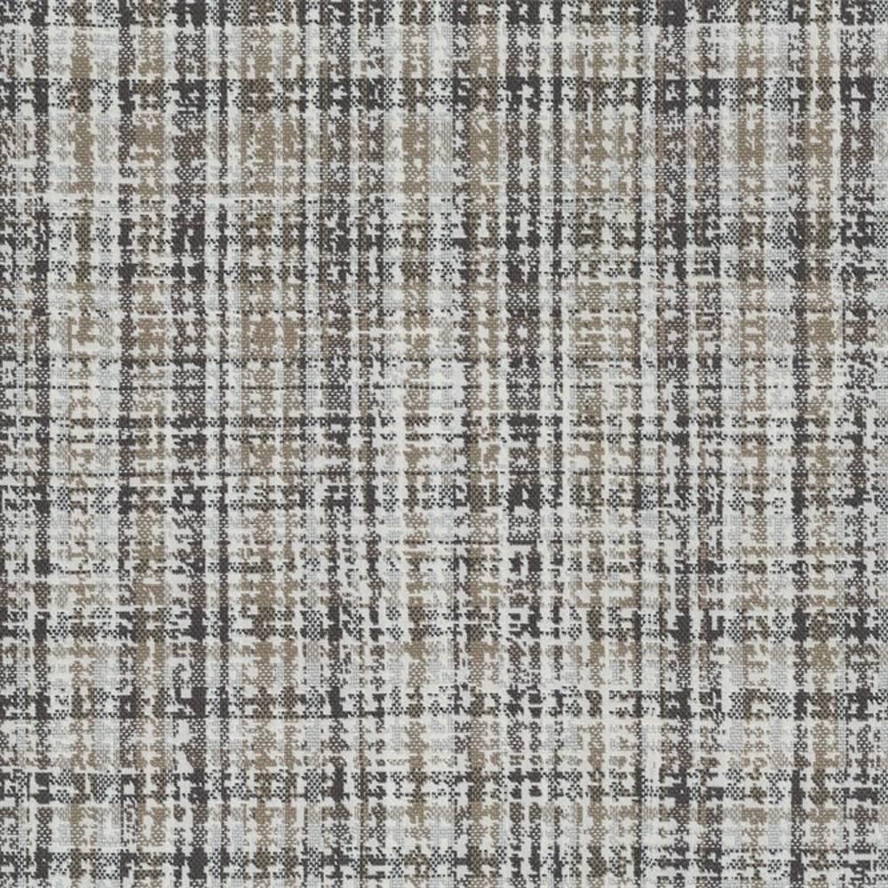 Close-up of a contemporary upholstery fabric sample with a textured, abstract plaid-like weave in beige and gray on a light neutral ground; 100% polyester fabric suitable for modern sofas.