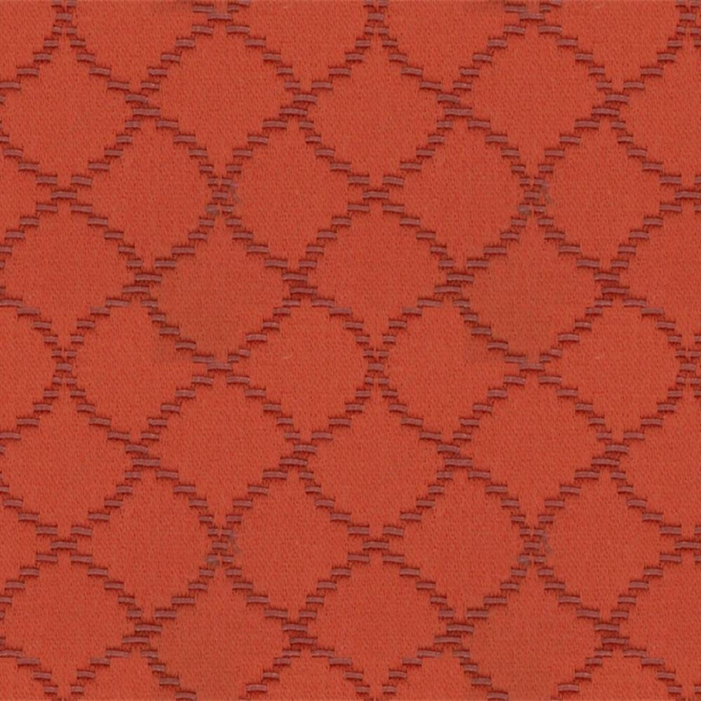 Close-up of a rust-orange trellis-pattern upholstery fabric with textured stepped-diamond weave, 55% cotton 45% polyester blend suitable for contemporary sofas.