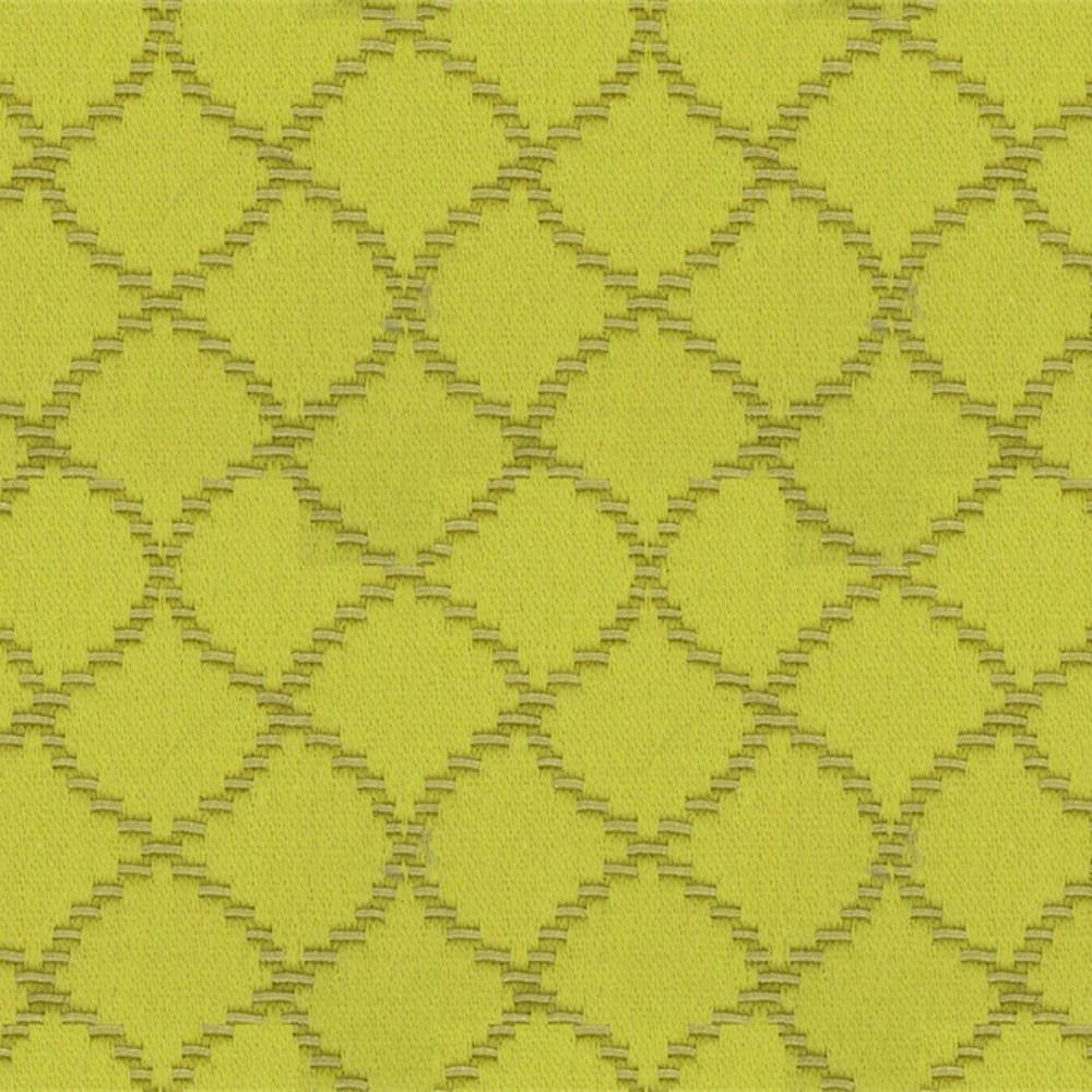 Close-up of natural yellow-green trellis-pattern upholstery fabric showing textured woven diamond motifs and raised jacquard details, 55% cotton and 45% polyester, suitable for sofas.
