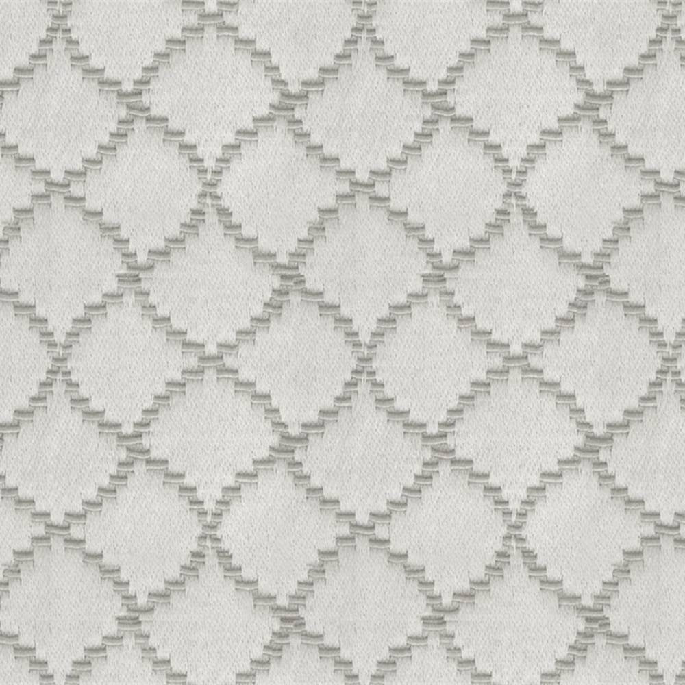 Close-up of natural-colored trellis upholstery fabric showing a repeating diamond lattice in soft beige with raised stitch detailing; 55% cotton, 45% polyester blend suitable for contemporary indoor sofas.
