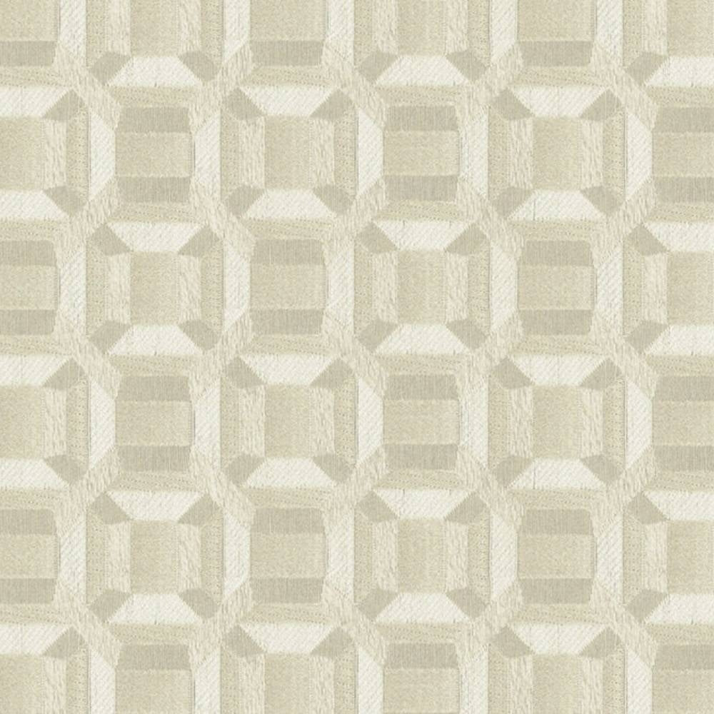 Close-up of beige and cream geometric upholstery fabric in 100% polyester, showing an interlocking octagon grid and subtle textured jacquard weave, designed for contemporary and modern sofas.