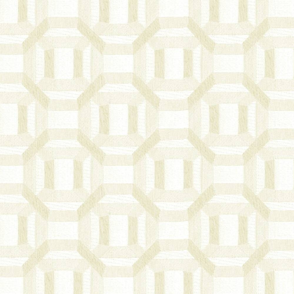 Close-up of cream and off-white contemporary upholstery fabric showing a subtle octagon lattice geometric pattern in textured 100% polyester, ideal for modern sofas and neutral interiors.