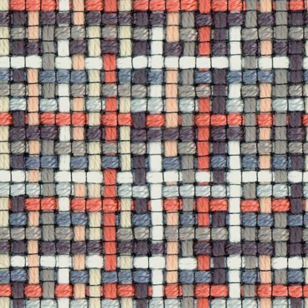 Close-up of contemporary woven upholstery fabric (95% acrylic, 5% polyester) showing a textured small-grid plaid in coral, slate gray, blue-gray and cream yarns.