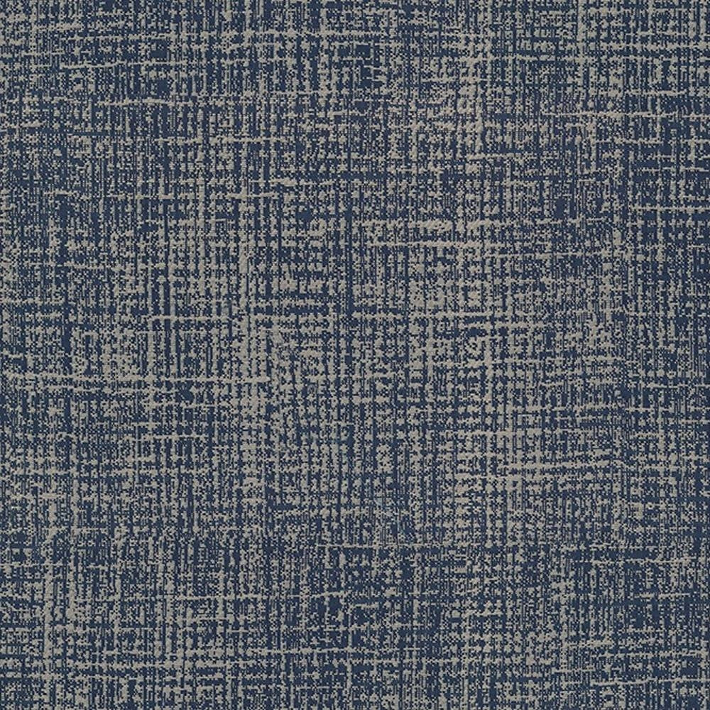 Close-up of navy blue and beige crosshatch upholstery fabric showing a textured woven pattern for sofa use; 100% polyester contemporary upholstery material.