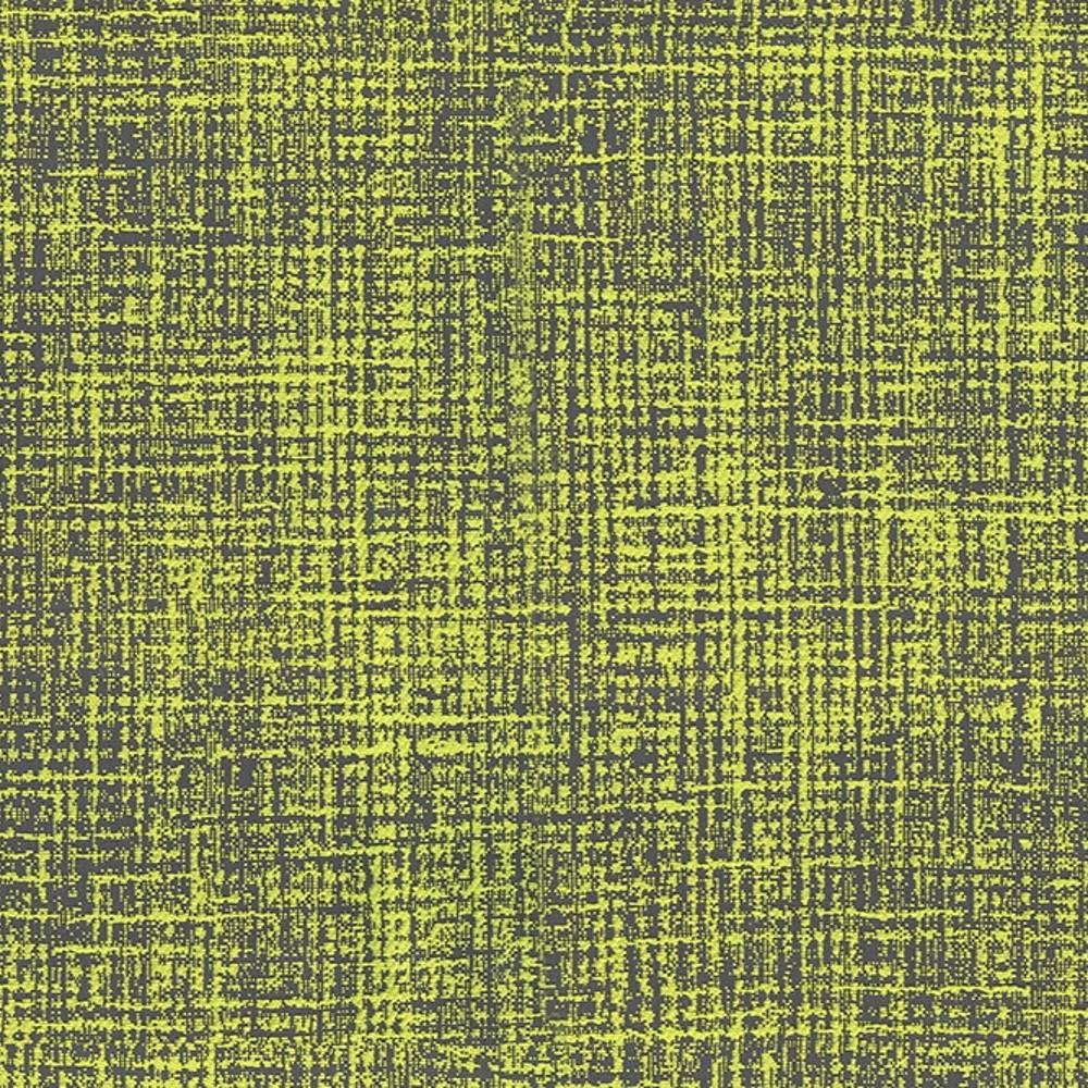 Close-up of contemporary 100% polyester upholstery fabric in lime yellow and charcoal gray, featuring a crosshatched, speckled woven texture suitable for modern sofas.