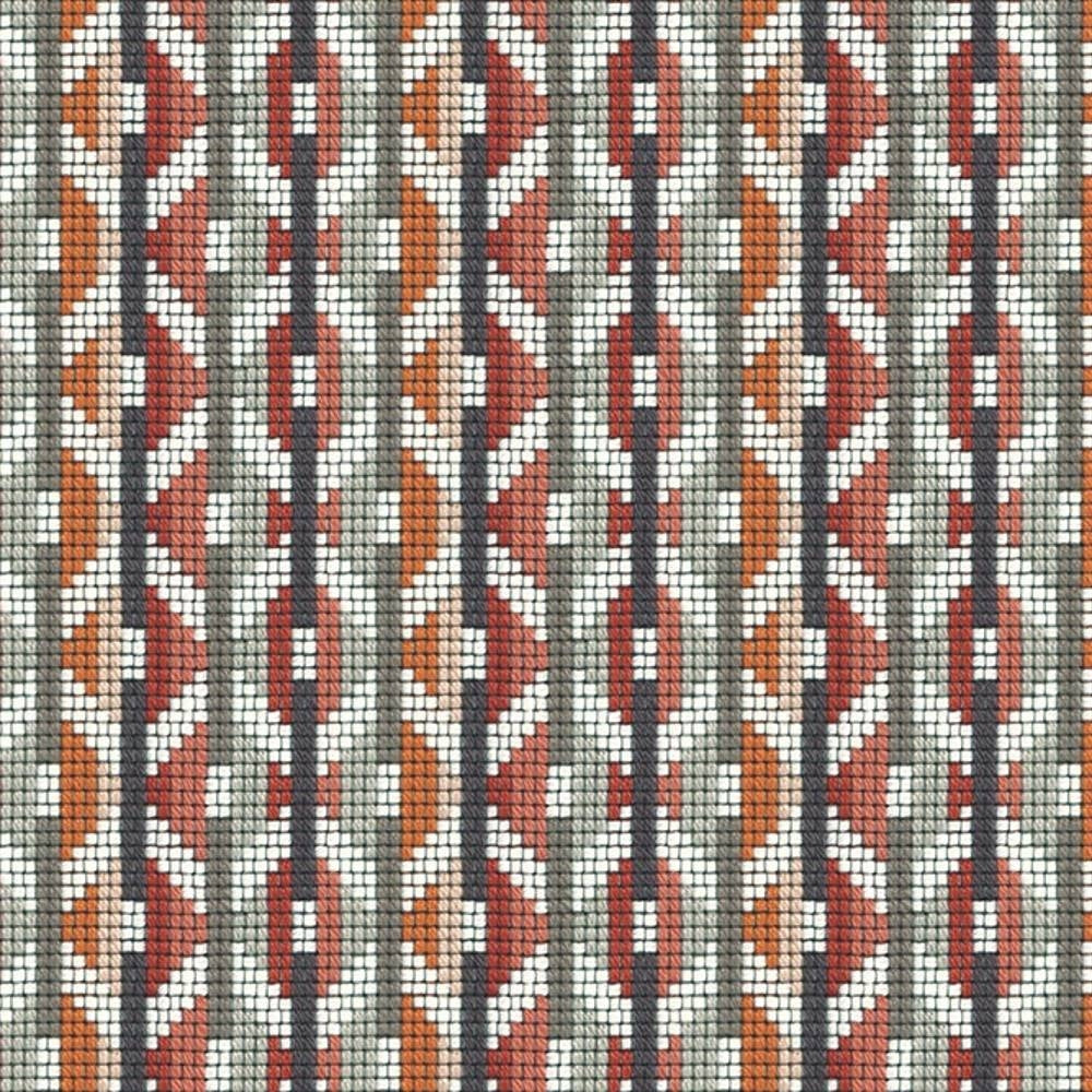 Close-up of woven sofa upholstery (95% acrylic, 5% polyester) showing a contemporary geometric vertical stripe pattern with rust orange and deep red chevrons, charcoal lines and beige-gray small-square weave.