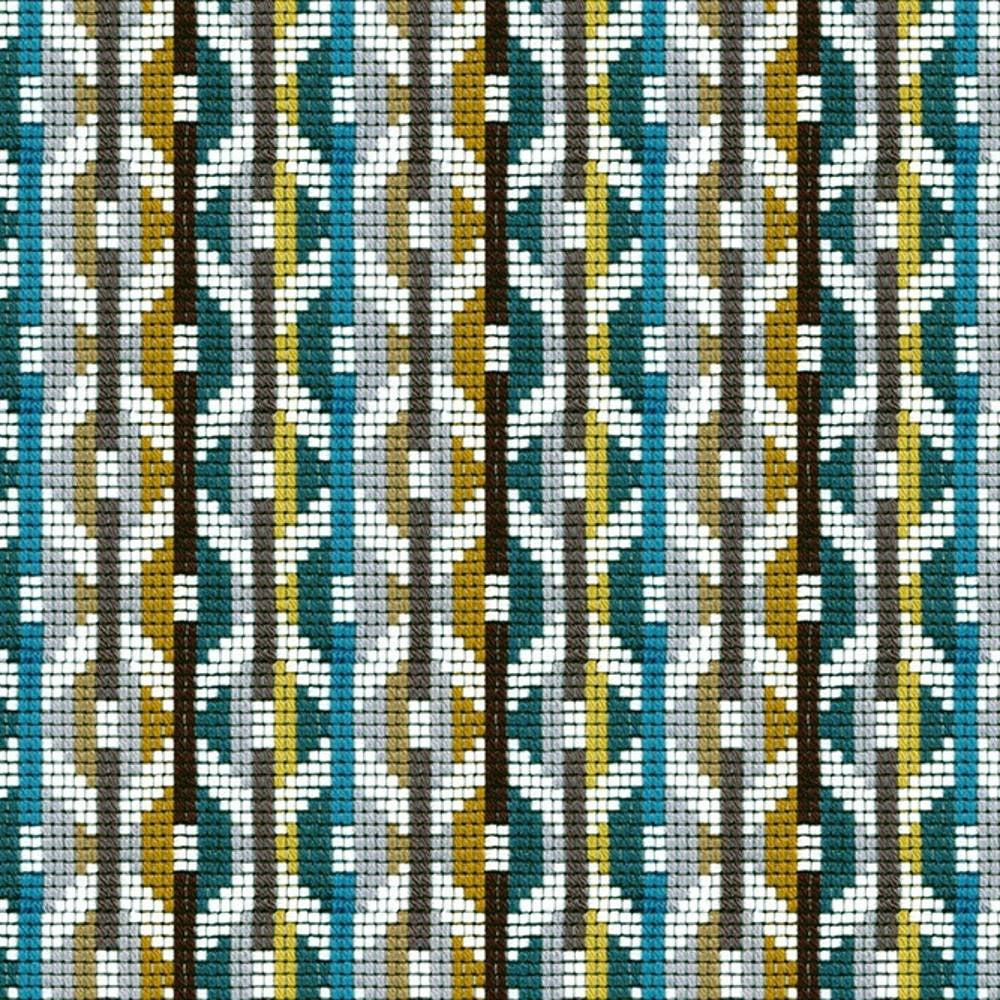 Close-up of woven upholstery fabric featuring repeating geometric vertical stripes in teal, mustard, gray, white and brown; 95% acrylic, 5% polyester fabric suitable for contemporary sofas.