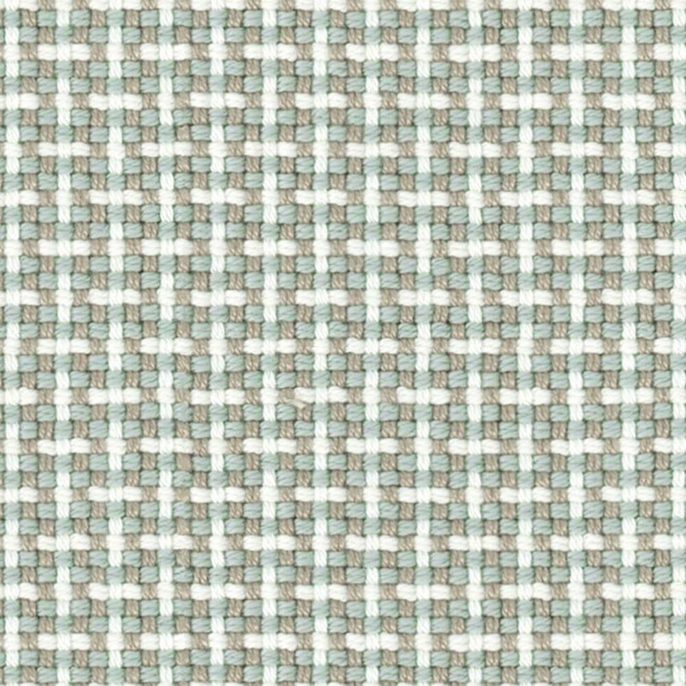 Close-up of a small-scale woven upholstery fabric in beige, white and pale green, 100% acrylic with a 0.5-inch basketweave check pattern, shown for contemporary sofa use.