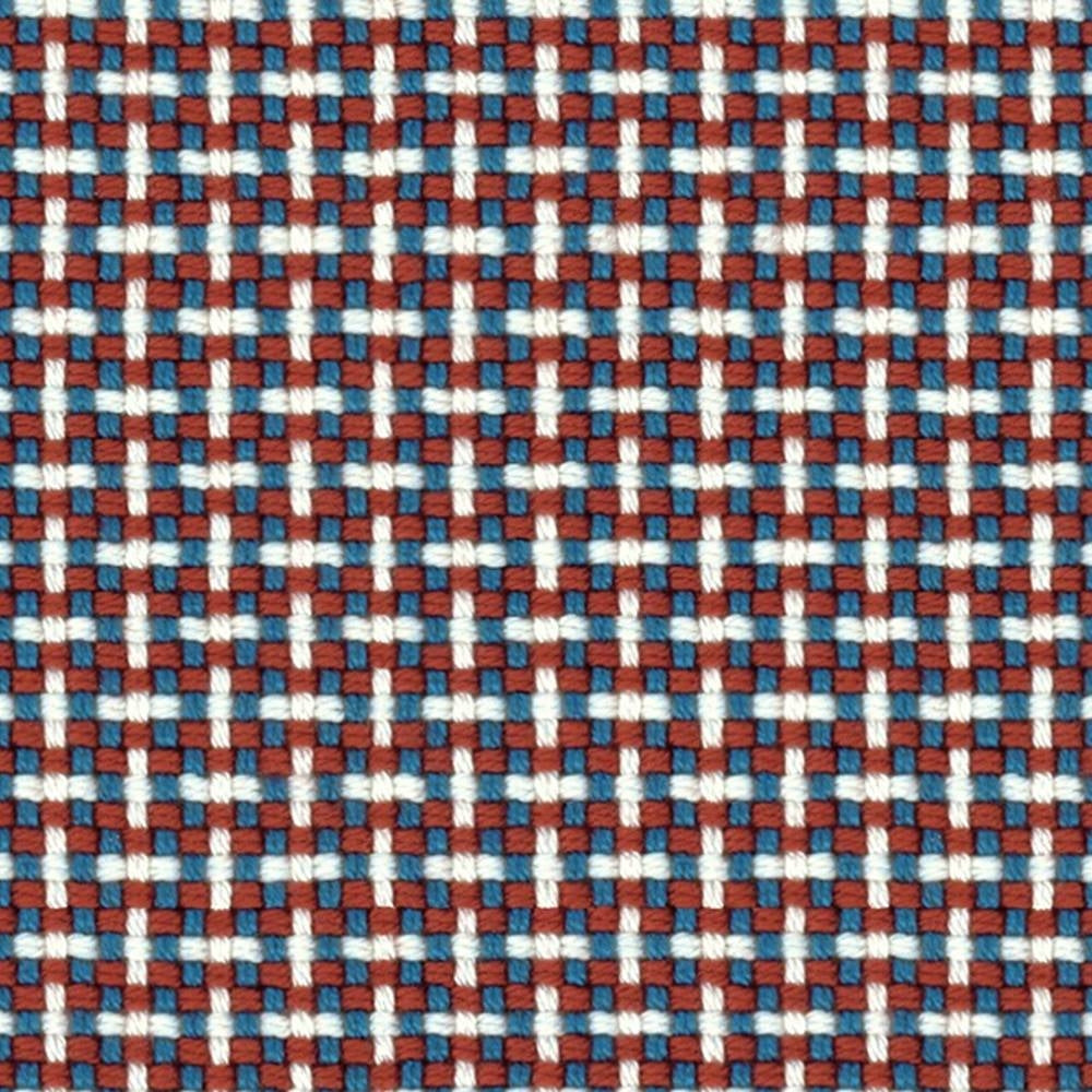 Close-up of 100% acrylic upholstery fabric showing a small check weave of red, blue and white threads for a contemporary sofa.