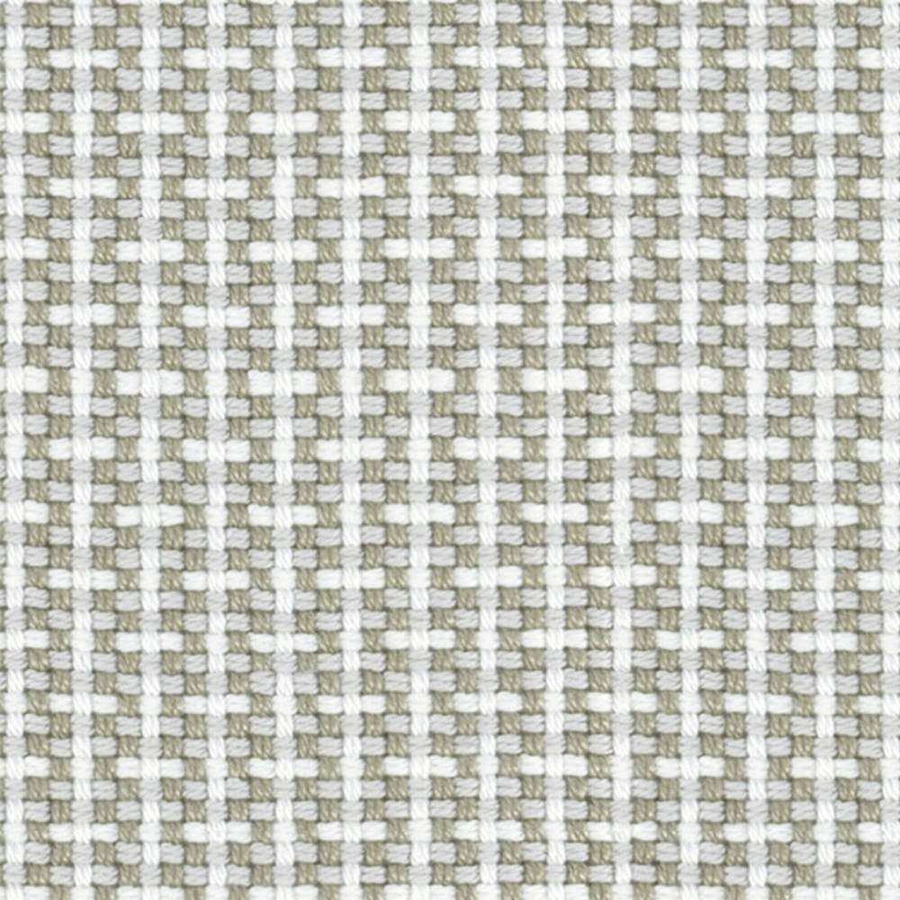 Close-up of beige and white woven 100% acrylic upholstery fabric showing a small checked grid texture, a neutral contemporary swatch for sofa and indoor upholstery.