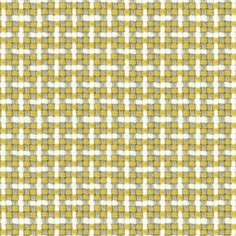 Close-up of a yellow, beige and white woven upholstery fabric showing a small basketweave check pattern and textured yarns; 100% acrylic suitable for contemporary sofa applications.
