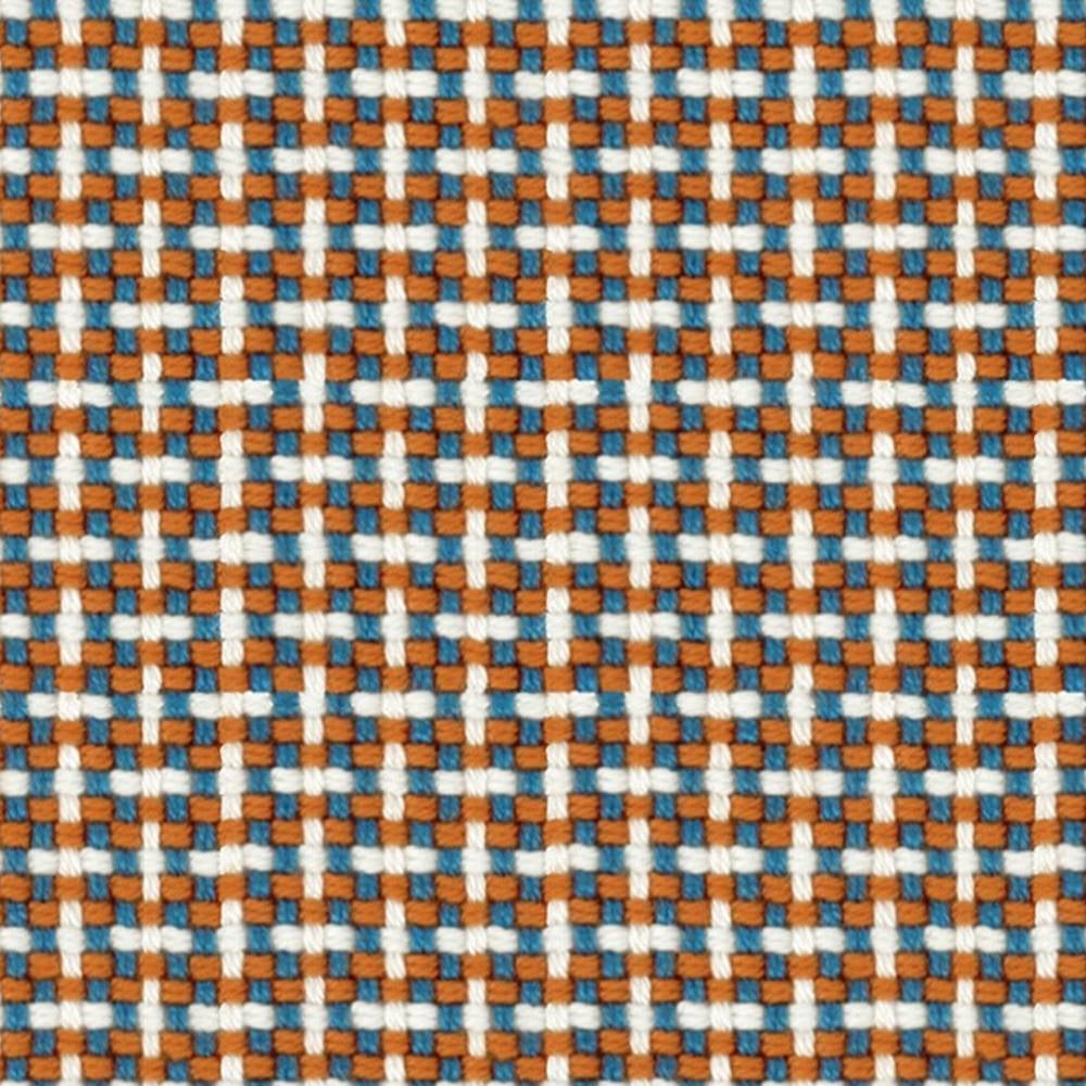 Close-up of 100% acrylic woven upholstery fabric in a small check pattern with orange, blue and white threads, showing textured contemporary material suitable for sofa upholstery.