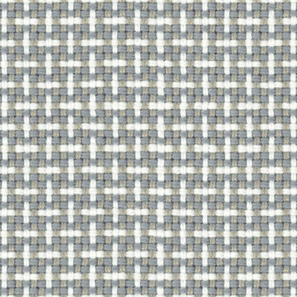 Close-up of neutral basketweave upholstery fabric in white, light gray and beige showing a tight 0.5" x 0.5" woven texture; 100% acrylic for contemporary sofas.