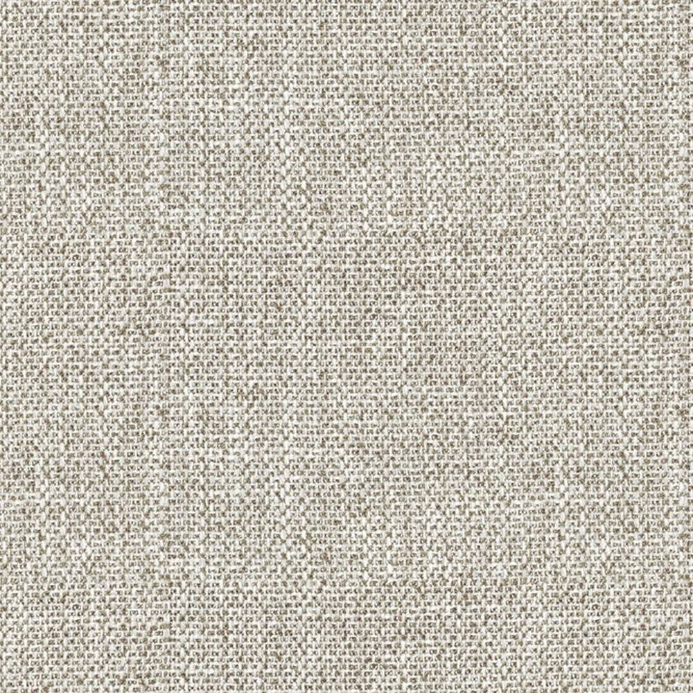 Close-up of 100% polyester upholstery fabric in light beige oatmeal with a tight woven texture and subtle brown flecks, shown as a durable plain weave ideal for sofas.