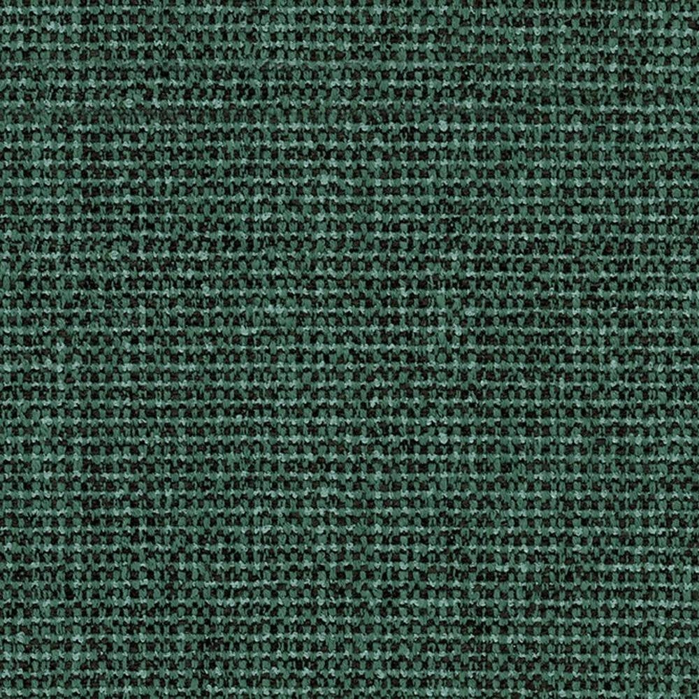 Close-up of green woven upholstery fabric in a 75% polyester, 5% linen, 20% viscose blend, showing a tight textured grid weave with dark flecks, ideal for contemporary sofas and office seating.