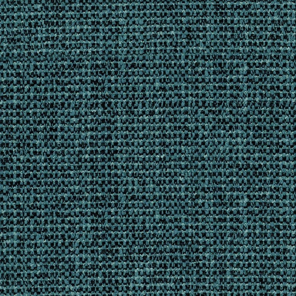 Close-up of teal woven upholstery fabric showing a small-scale textured weave in a 75% polyester, 5% linen, 20% viscose blend.