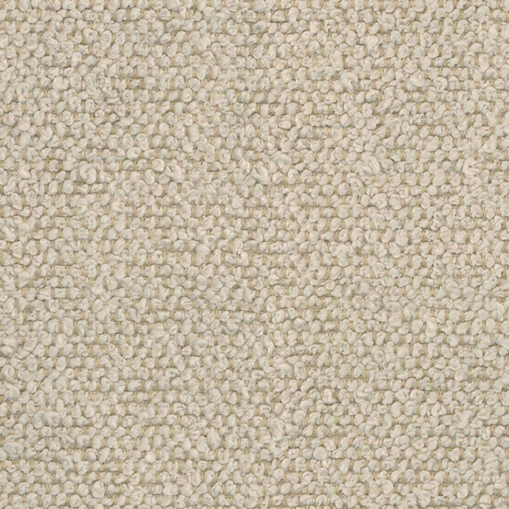 Close-up of cream bouclé 100% polyester upholstery fabric showing dense looped texture and soft neutral finish, ideal for sofas and indoor upholstery.