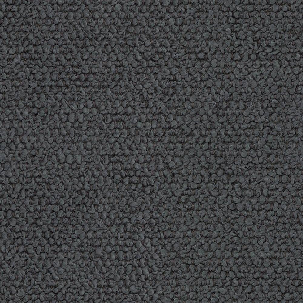 Close-up of charcoal boucle upholstery fabric in 100% polyester, showing dense looped texture and pebble-like surface suitable for sofas and indoor neutral decor.