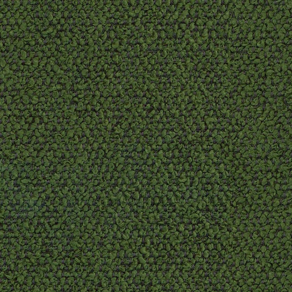 Close-up of deep green boucle upholstery fabric with dense looped texture, 100% polyester, designed for indoor sofa upholstery.